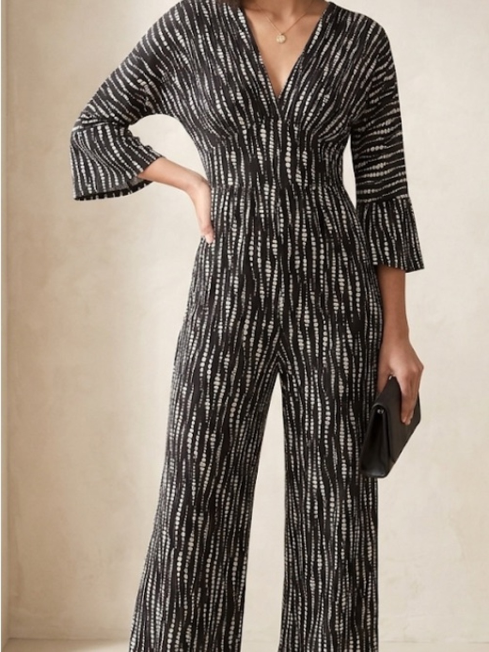 Chic Black & White/Cream  Print V-Neck Jumpsuit | Bell Sleeve Wide Leg